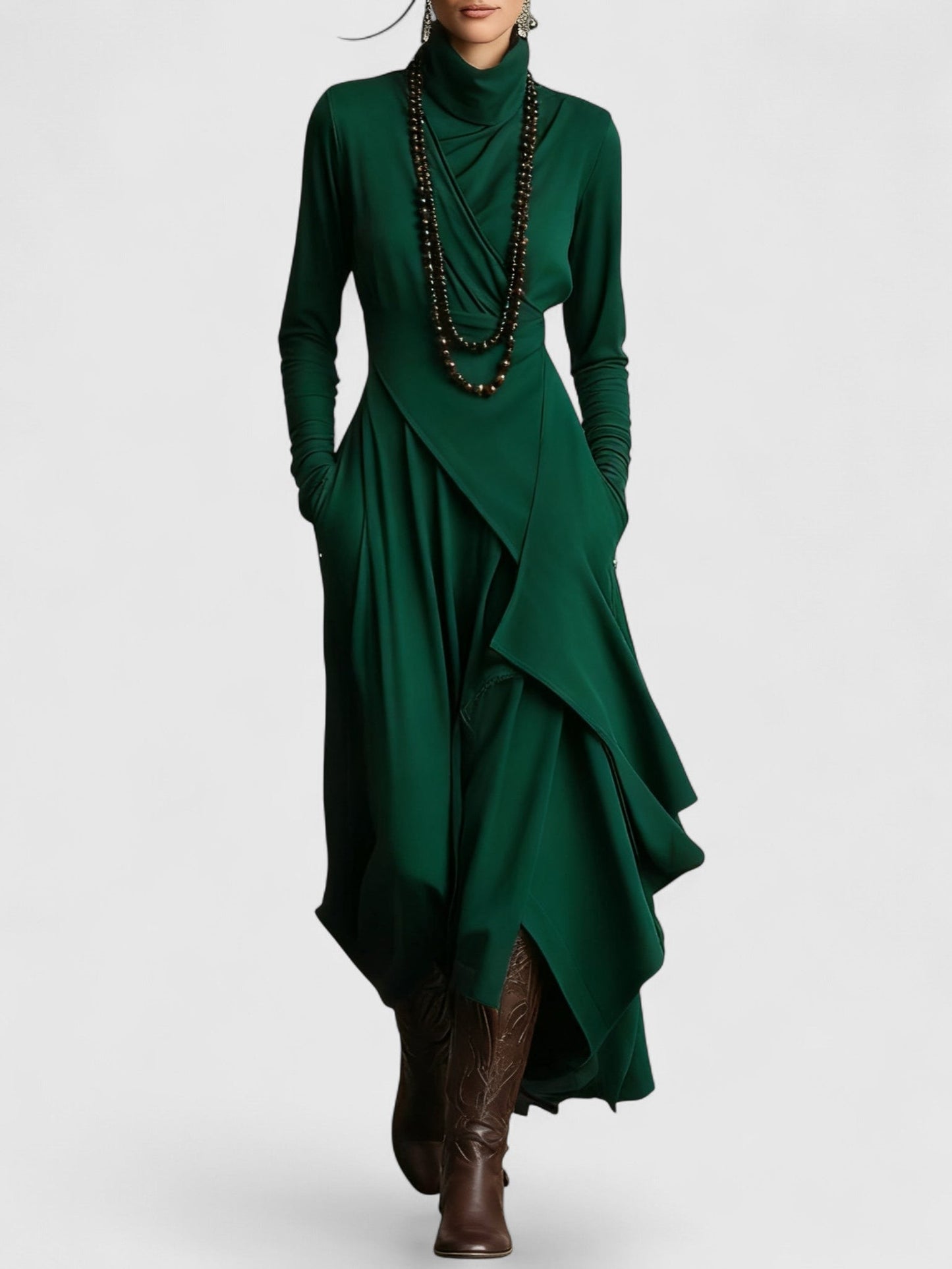 Lilla kõrge kaelusega asümmeetriline plisseeritud maksikleit