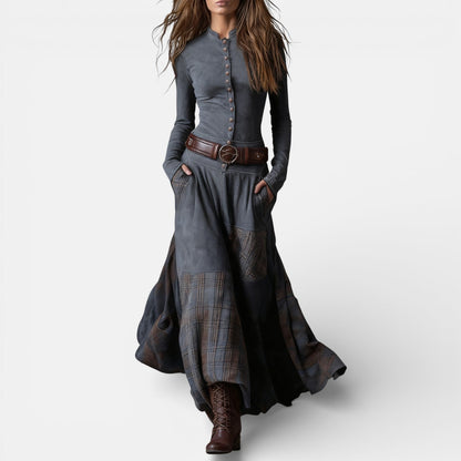 Leonora | Vintage pikk tumesinine seemisnahast ruuduline kleit (koos vööga)