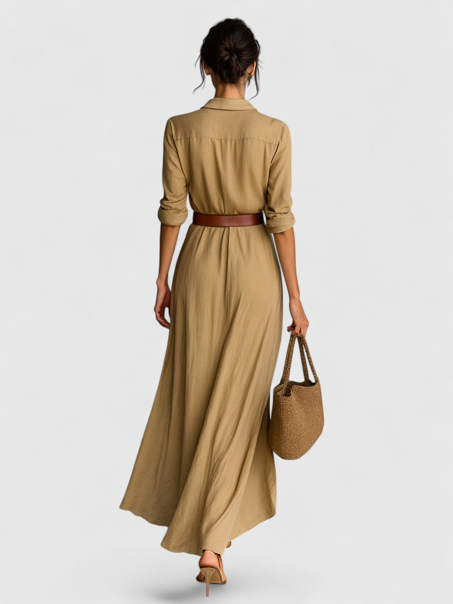 Enkelknäppt långärmad maxiklänning med skärp