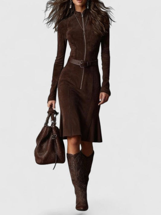 Pruun vintage lukuga ja vööga midikleit