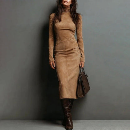 Victoria | Elegantne kõrge kaelusega seemisnahkne kleit