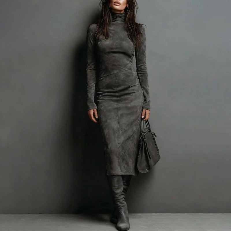 Victoria | Elegantne kõrge kaelusega seemisnahkne kleit